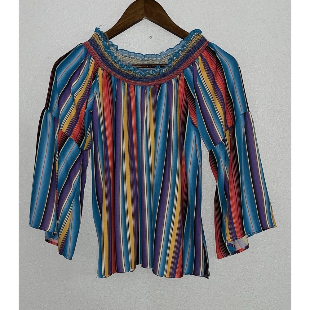 Berry And Cream Peasant Style Bell Sleeves Boho Chic Bold Color Stripes Top Sz M
